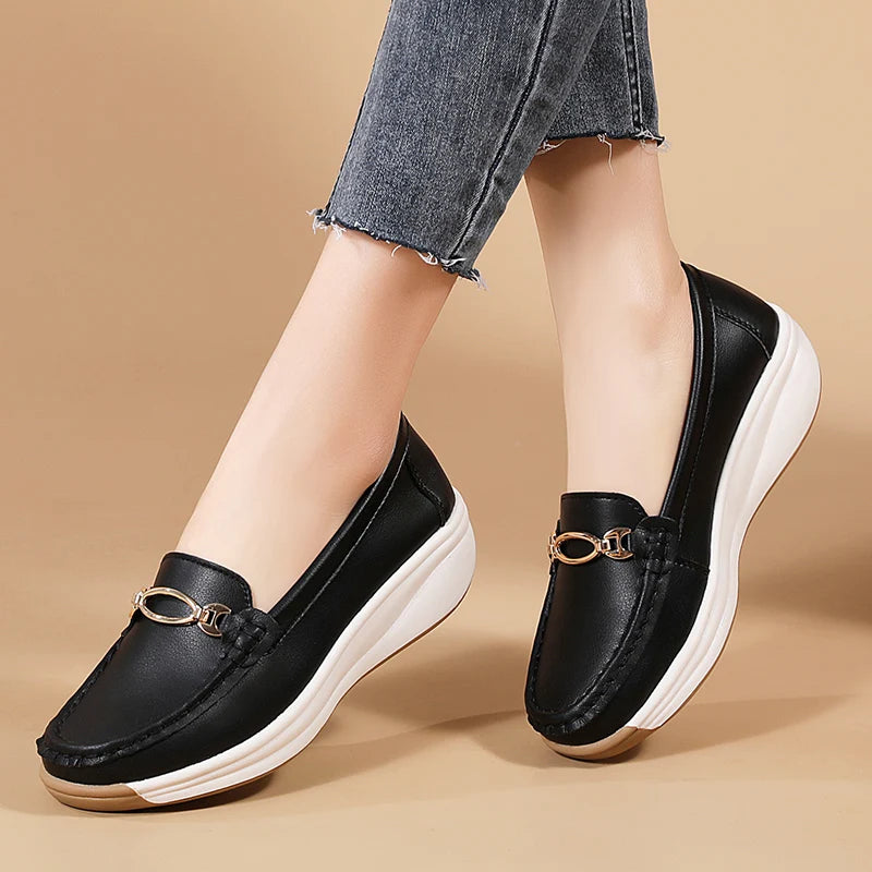 Mocassins plats en cuir véritable pour femmes