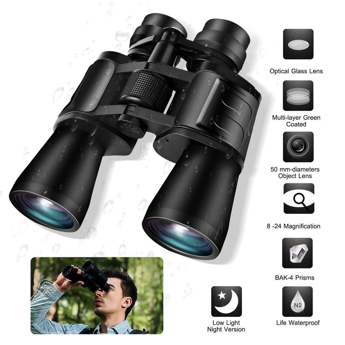 Jumelles zoom portables avec lentille FMC Vision nocturne en basse lumière pour l'observation des oiseaux Chasse Sports